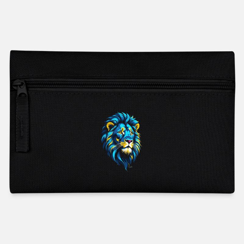 Goldener und blauer Löwenkopf - Federtasche - Schwarz