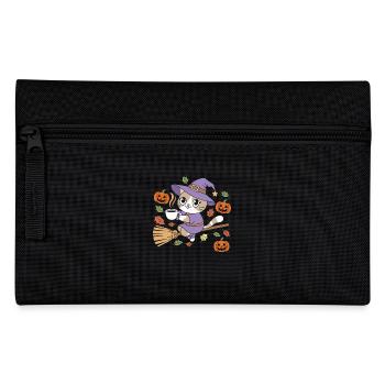 Chat mignon d’Halloween avec chapeau de sorcière et citrouilles - Trousse - noir - Devant