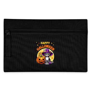 Cat with Witch Hat and Pumpkin Celebrates Halloween - Pencil Case - black - Front