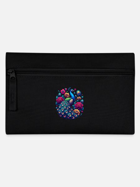 Majestätischer Pfau mit Blumenpracht in - Federtasche - Schwarz