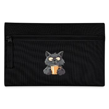 Grantige Katze mit gelber Kaffeetasse in Pfoten - Federtasche - Schwarz - Vorne