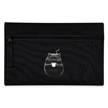 Gemütliche Katze mit Kaffeetasse in Pfoten - Federtasche - Schwarz - Vorne
