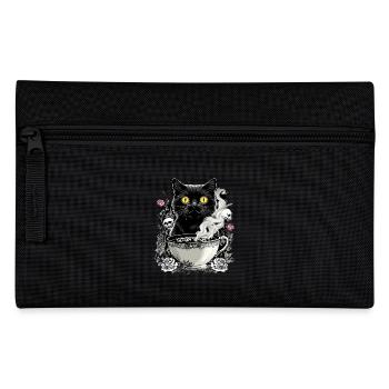Mystisch: Katze mit Totenkopf-Kaffee - Federtasche - Schwarz - Vorne