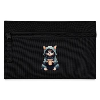 Cute: Cat in a hoodie with coffee - Pencil Case - black - Front
