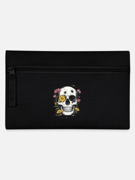 Totenkopf mit Blumen & Insekten - Federtasche - Schwarz