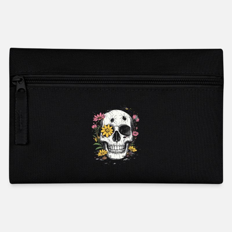 Totenkopf mit Blumen & Insekten - Federtasche - Schwarz