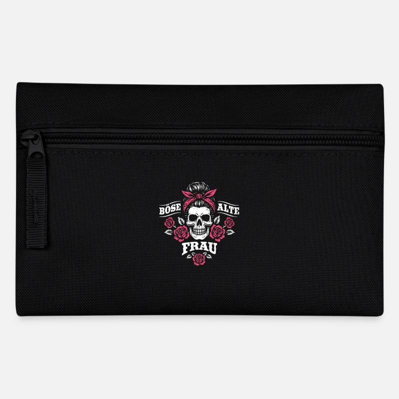 Böse alte Frau - Totenkopf - Rosen - Spruch - Federtasche - Schwarz