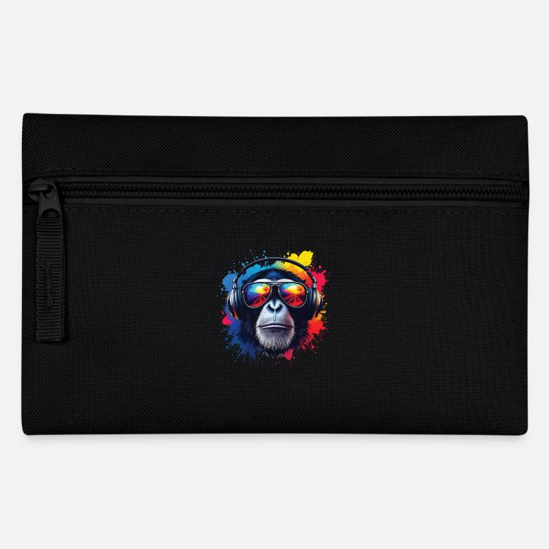 Buntes Affenkopf mit Kopfhörern - Federtasche - Schwarz
