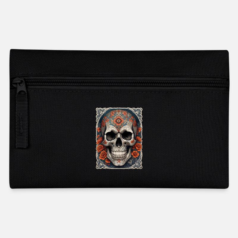 Gerahmter Totenkopf Totenkopf und orangefarbene Blumen - Federtasche - Schwarz
