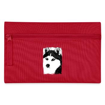 Black and white Husky portrait on textile - Pencil Case - red - Front