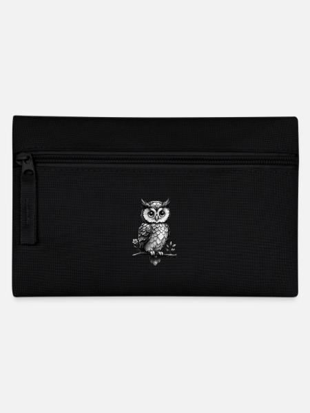 Eule auf einem blühenden Ast - schwarz weiß - Federtasche - Schwarz