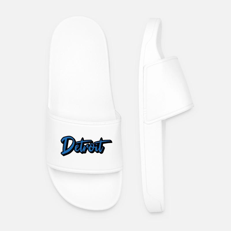 Detroit Script Blue - Men’s Pool Sliders - white