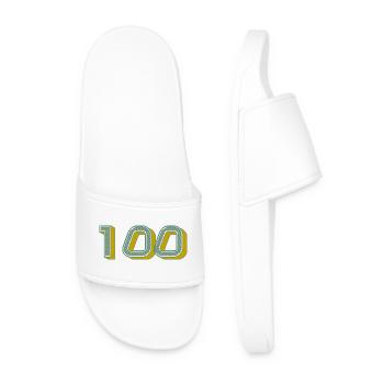 100. 100 YEARS. 100th ANNIVERSARY. BIRTHDAY 100 - Men’s Pool Sliders - white - Front