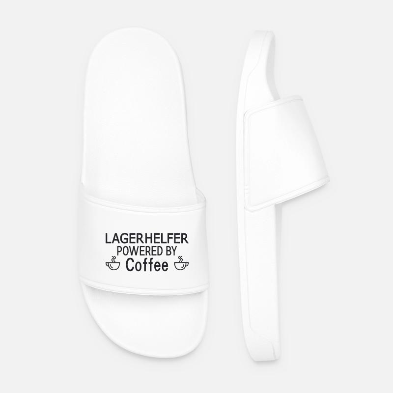 Warehouse Helper Powered By Coffee - Men’s Pool Sliders - white