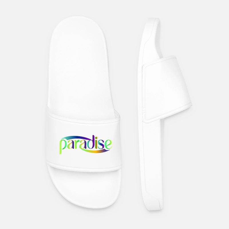 Paradise Rainbow Script Design - Men’s Pool Sliders - white