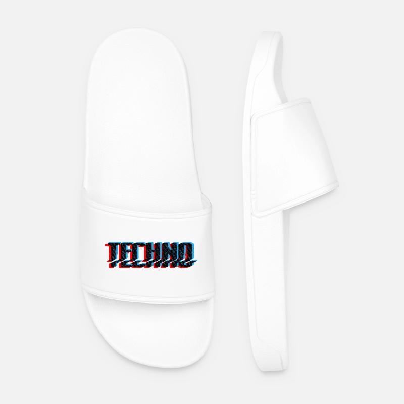 Techno Blue Neon Overprint Typography - Men’s Pool Sliders - white