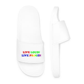 Live Loud - Live Proud - LGBTQ+ - gay - lesbian - Men’s Pool Sliders - white - Front