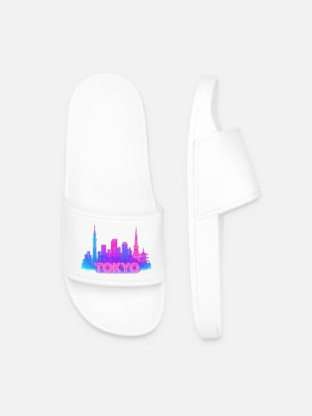 Neon Tokyo Skyline - Men’s Pool Sliders - white