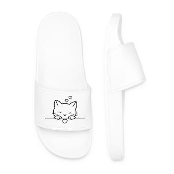 Cute Cat with Hearts | Sweet Love Line Art - Men’s Pool Sliders - white - Front