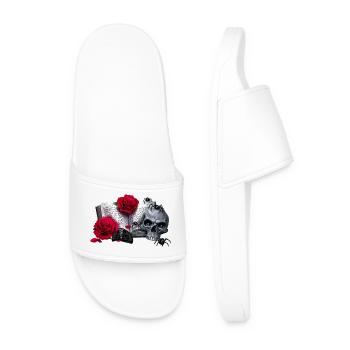 Gothic-Buch mit Rosenblüten, Menschenschädel - Männer Badelatschen - Weiß - Vorne