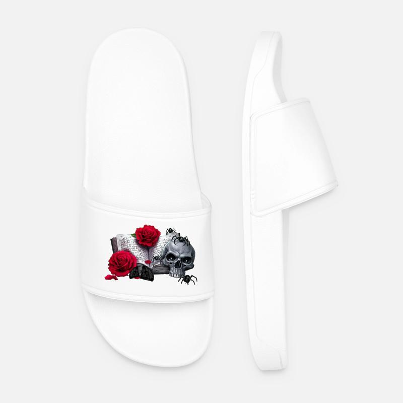 Gothic-Buch mit Rosenblüten, Menschenschädel - Männer Badelatschen - Weiß