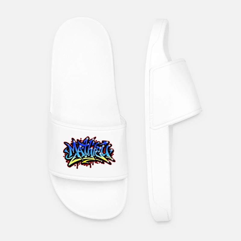 Mathieu Graffiti Printable Blue Yellow - Men’s Pool Sliders - white