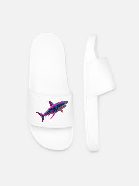 Neon Shark Glowing Cyberpunk Shark Graphic - Men’s Pool Sliders - white