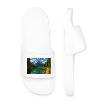 Mountain lake path in the forest - Men’s Pool Sliders - white - Front
