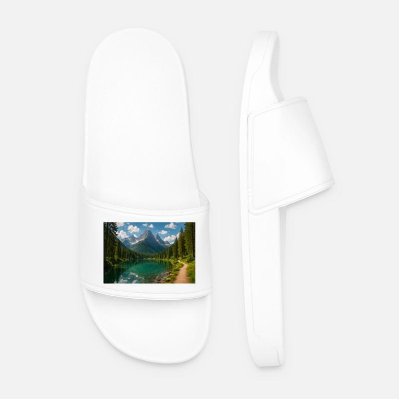 Mountain lake path in the forest - Men’s Pool Sliders - white