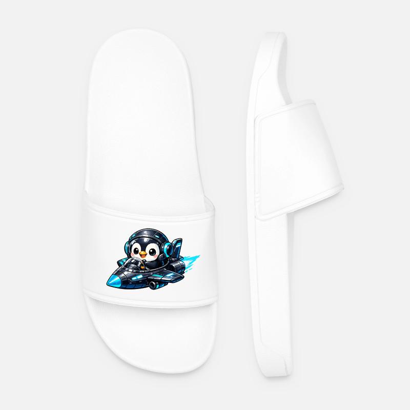 Neon penguin pilot in rocket jet - Men’s Pool Sliders - white