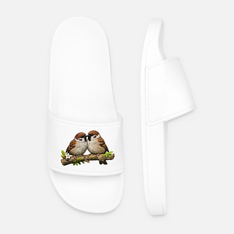 Kissing Sparrows on Branch - Men’s Pool Sliders - white