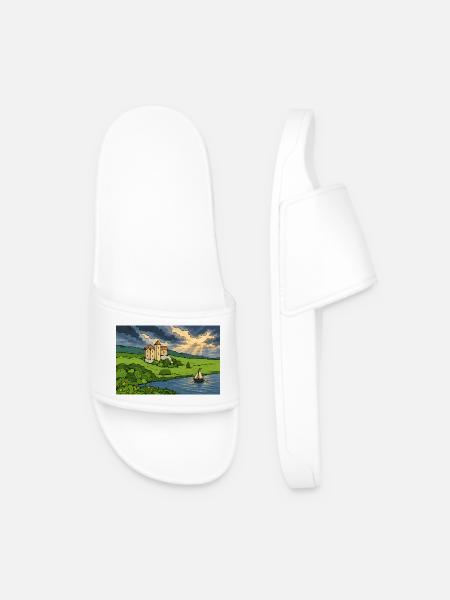 Castle by the River Sunset - Men’s Pool Sliders - white