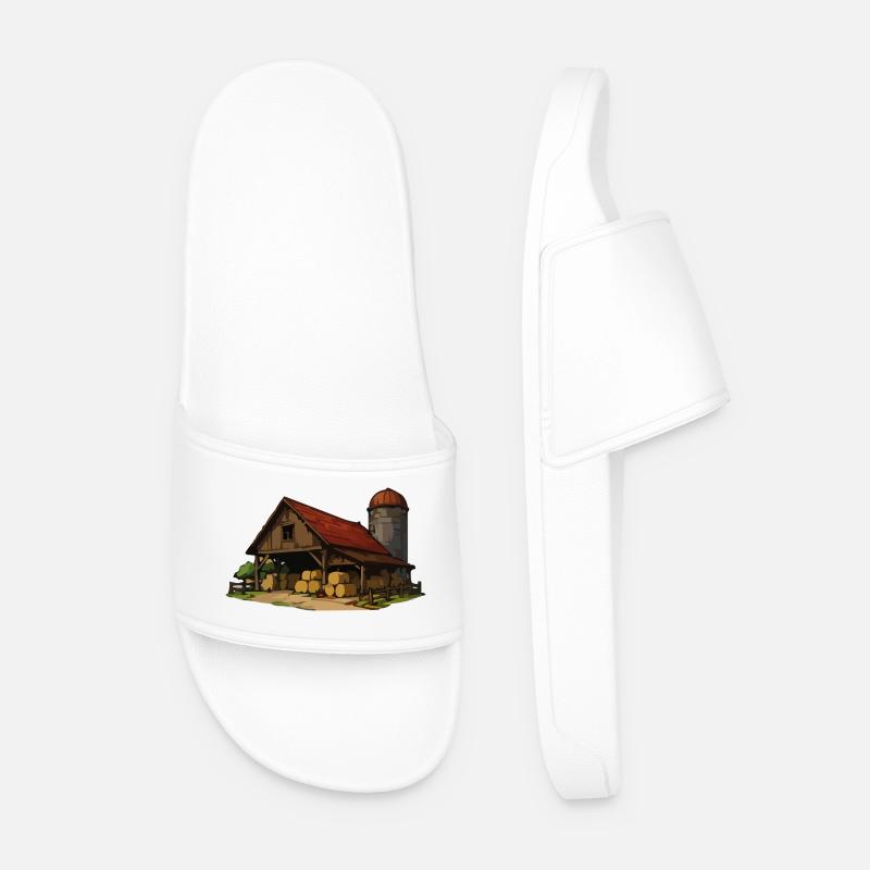 Rustic barn with hay bales - Men’s Pool Sliders - white