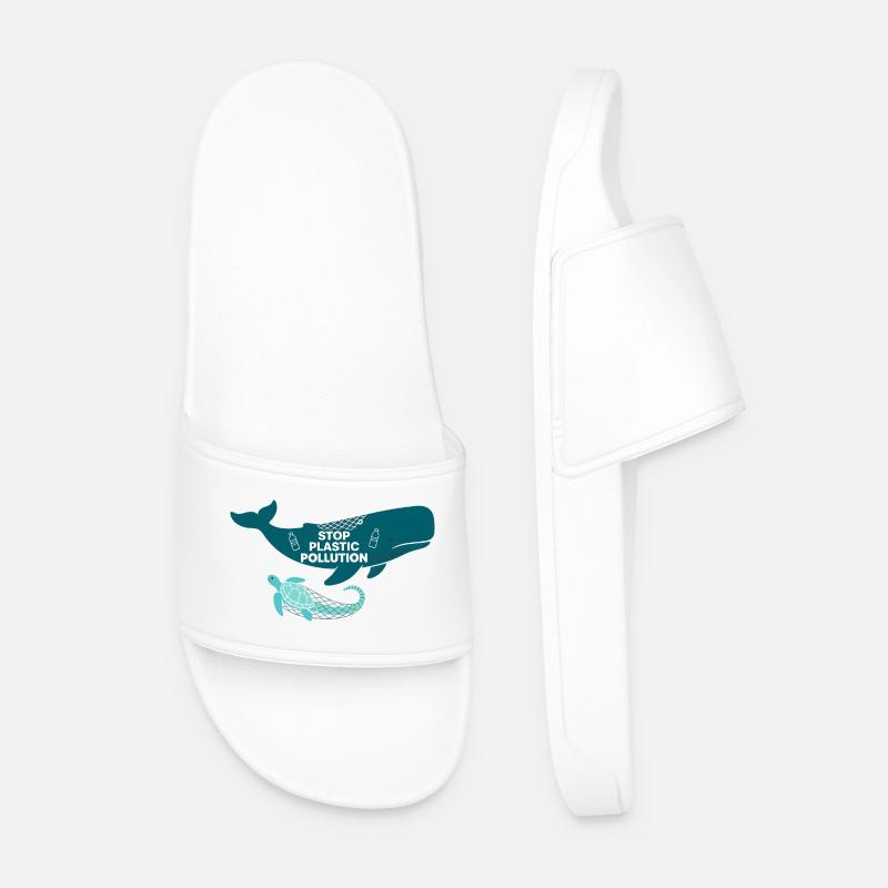 Stop Plastic Pollution, whale and turtle - Men’s Pool Sliders - white