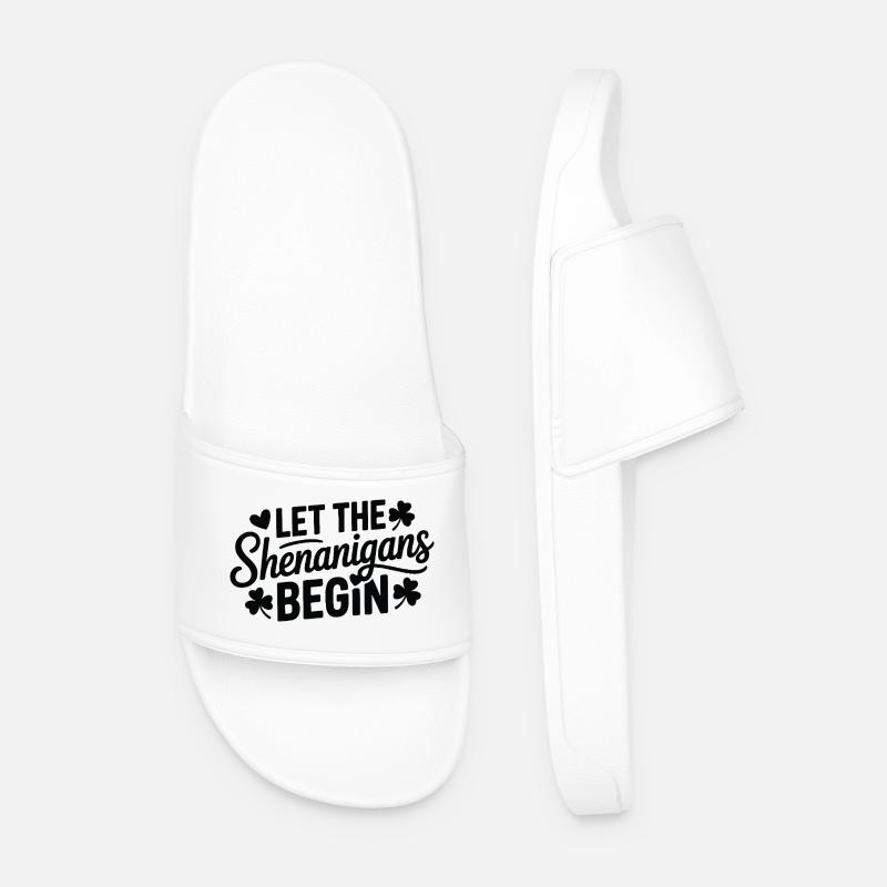 Shenanigans Begin Shamrock Script - Men’s Pool Sliders - white