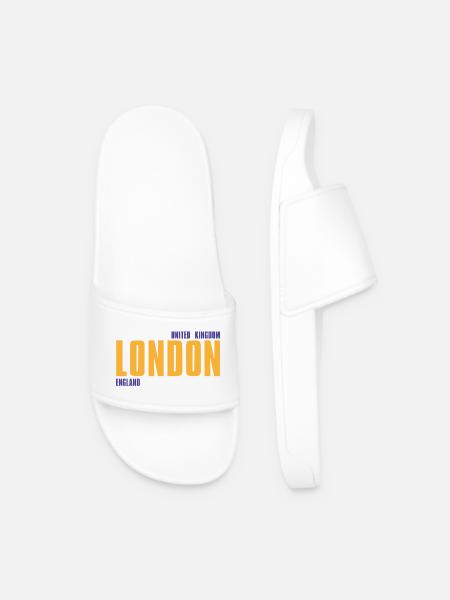 London in golden text with blue accents - Men’s Pool Sliders - white