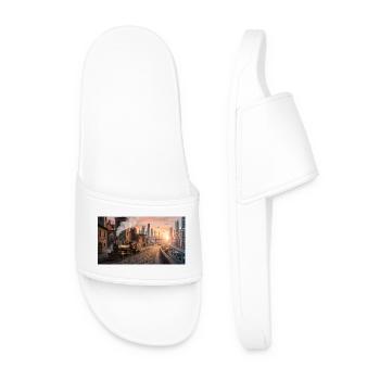 Time Travel: Retro Steam Train and Futuristic City - Men’s Pool Sliders - white - Front