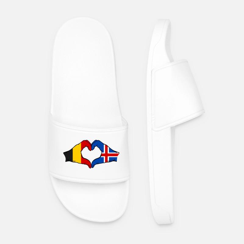 Belgium Iceland Flag Hands Heart Shape - Men’s Pool Sliders - white