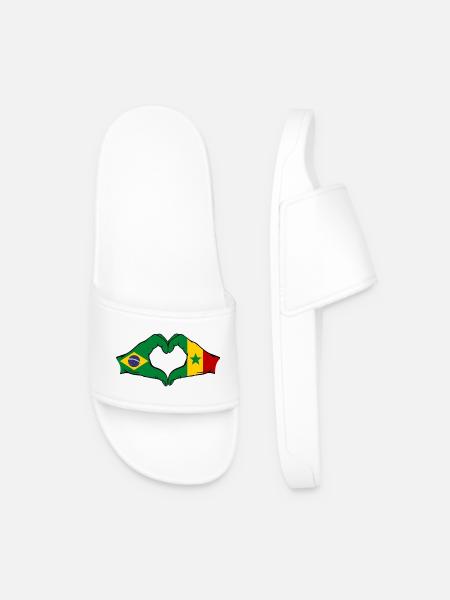 Brazil Senegal Flag Hands Heart Shape - Men’s Pool Sliders - white