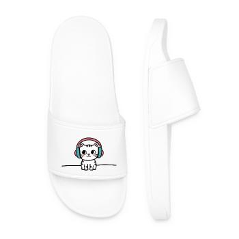 Cute Cat with Headphones Doodle - Men’s Pool Sliders - white - Front