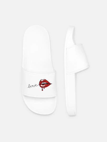 Crimson Drip - Red Lips Line Art - Men’s Pool Sliders - white