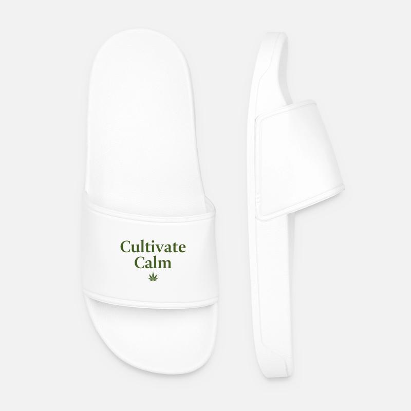 Cultivate Calm Hemp Cannabis Saying - Men’s Pool Sliders - white