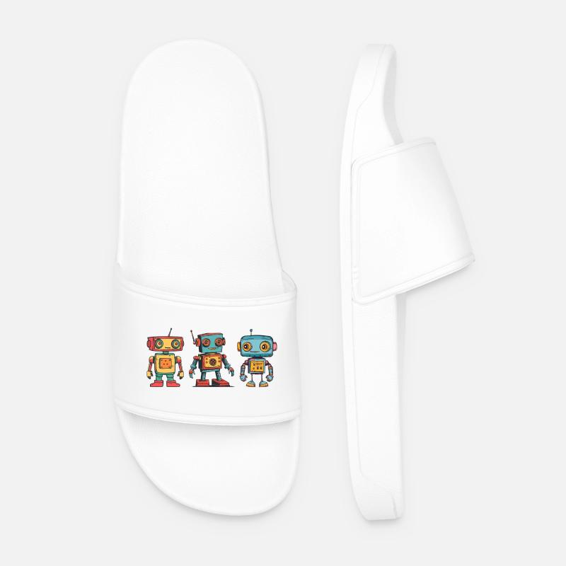 Nostalgic Retro Robot Illustration - Men’s Pool Sliders - white