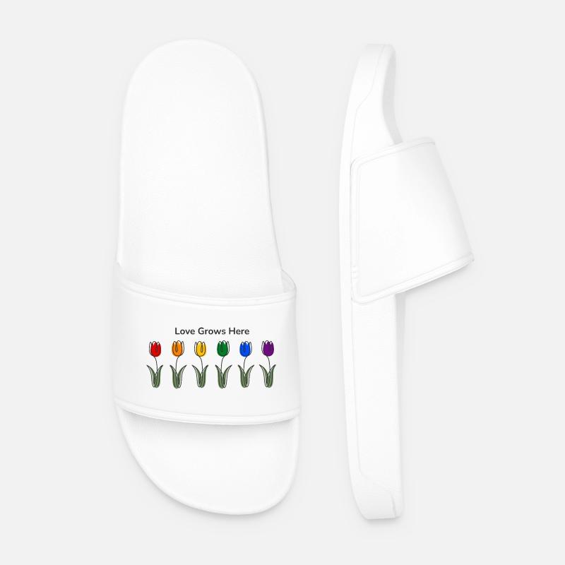 Love grows here-Tulips LGBTQ Pride Rainbow - Men’s Pool Sliders - white