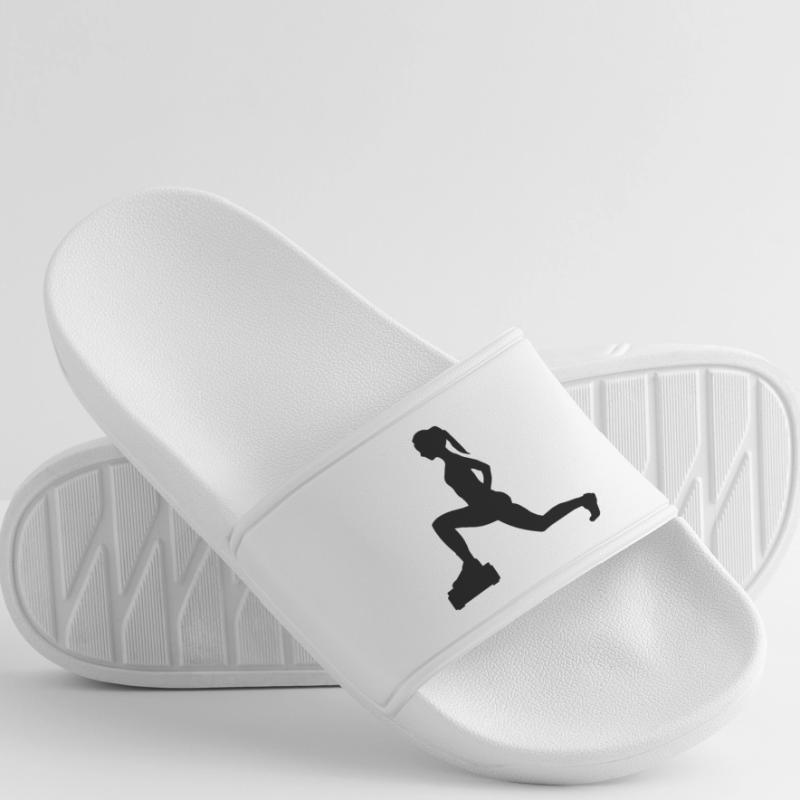 Mädchen oder Dame, die Schritte oder Aerobic macht Männer Badelatschen