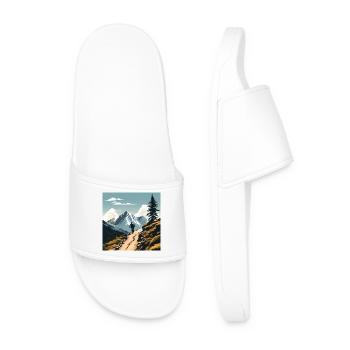 Mountain bikers, mountains, cool outdoor sports, wilderness - Men’s Pool Sliders - white - Front