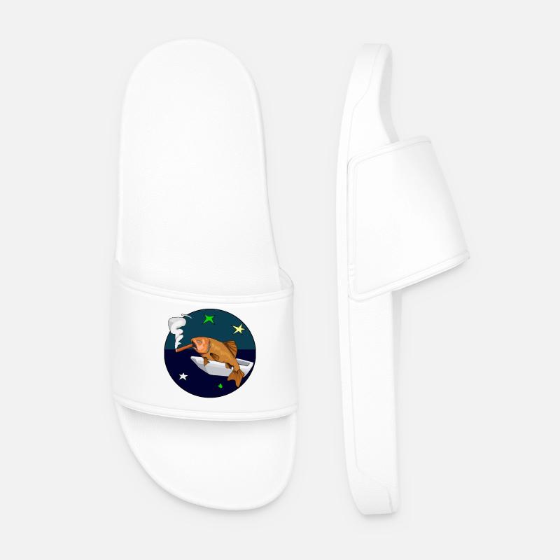 Fish with a cigar in space. - Men’s Pool Sliders - white