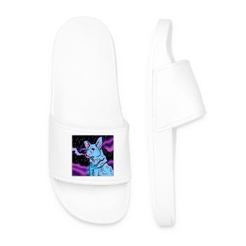 Vaping dog in space. - Men’s Pool Sliders - white - Front