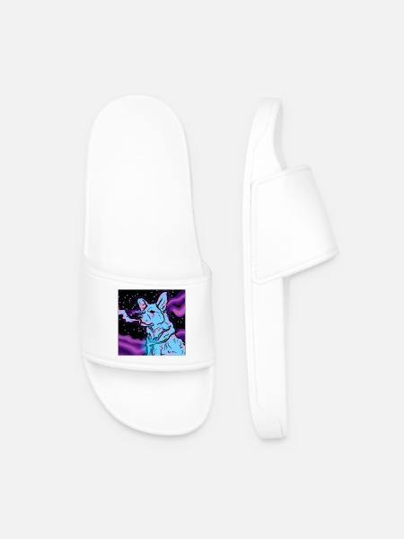 Vaping dog in space. - Men’s Pool Sliders - white