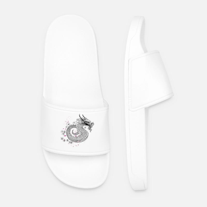 Dragon with Cherry Blossoms Sakura Style - Men’s Pool Sliders - white